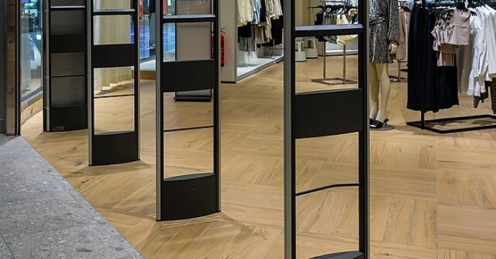 Electronic article surveillance antennas at the entrance to the H&M store in Torp shopping mall, Uddevalla Municipality, Sweden.