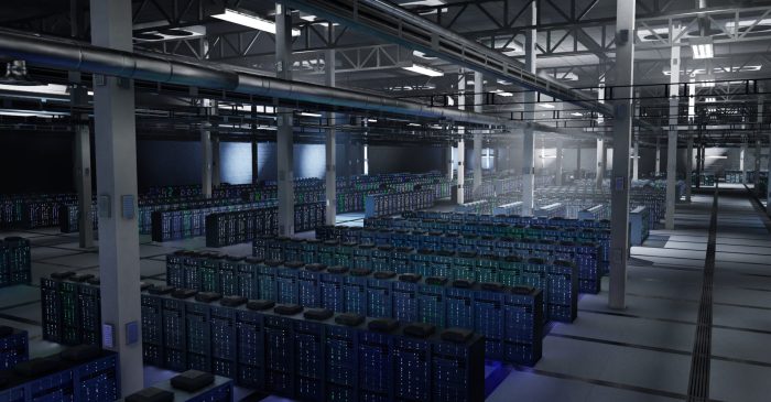 Server cabinets in data center maintaining large scale AI datasets, workflows and model testing. Supercomputers in server farm executing continuous learning and inference, 3D animation.